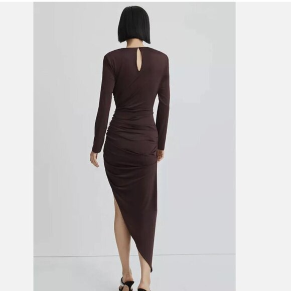 Veronica Beard Tristana Dress Asymmetrical Long Sleeve High Slit Brown Size 14 - Picture 5 of 11